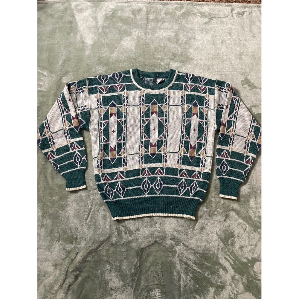 Vintage Geometric Pattern Crewneck‎ Sweater Green Beige Mens Size Medium Cozy
